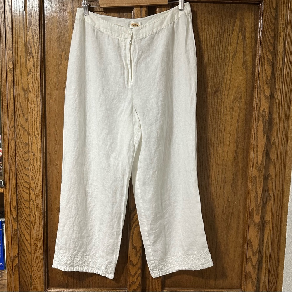 Talbots White Linen high rise wide leg cropped pants eyelet detail Sz 14